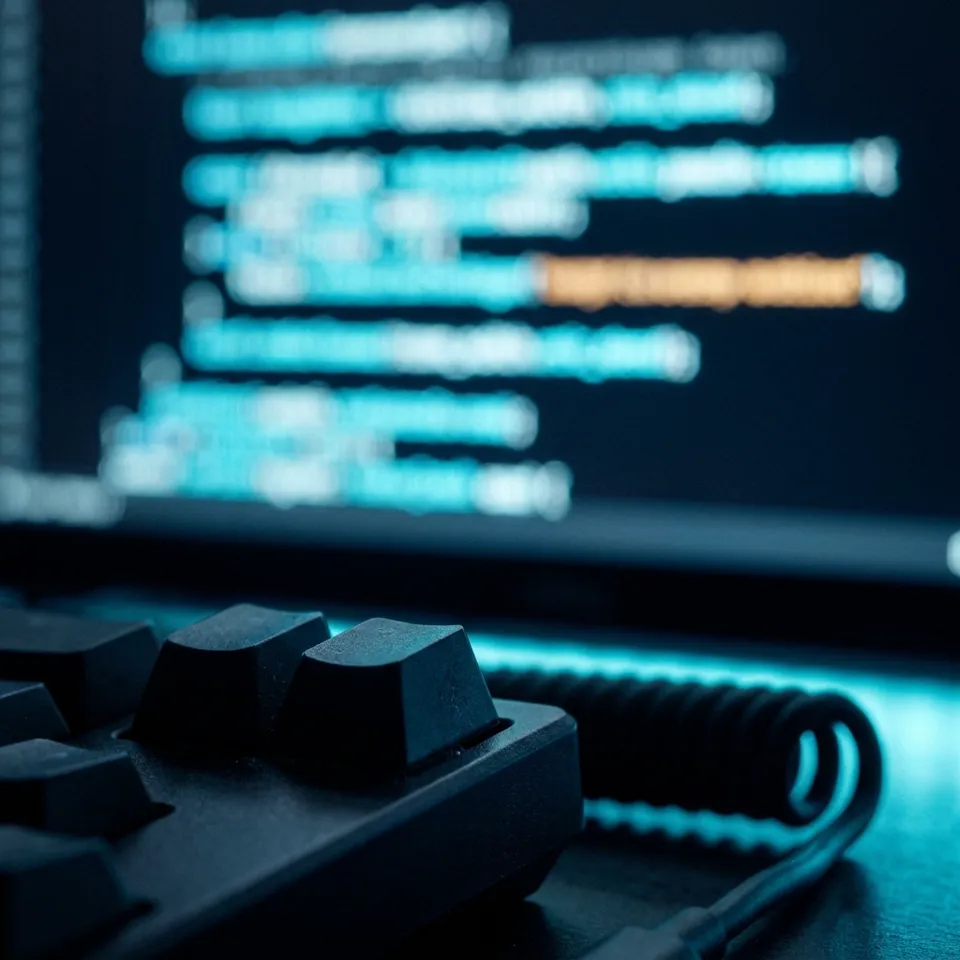 Teclado oscuro frente a un monitor desenfocado con líneas de código en luz cian