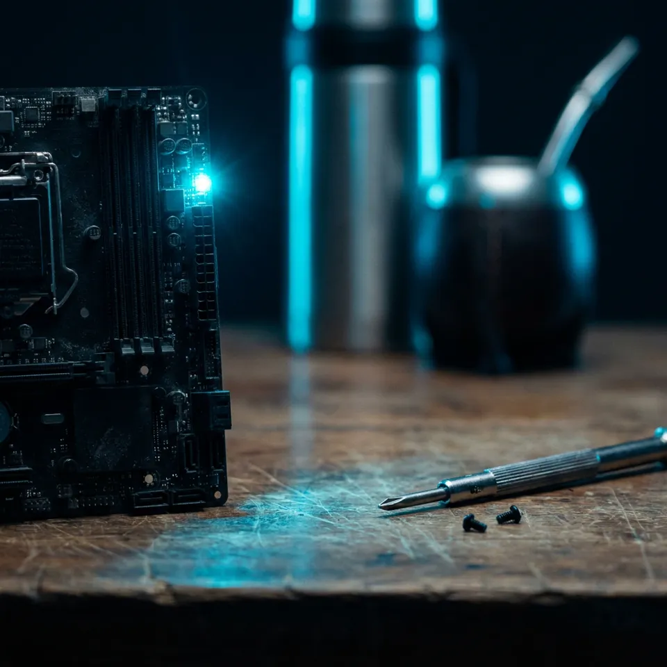 Placa madre con un LED cian sobre un banco de trabajo de madera, con destornillador, termo y mate de fondo
