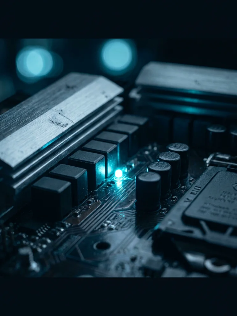 Macro de una placa madre oscura con un LED cian encendido